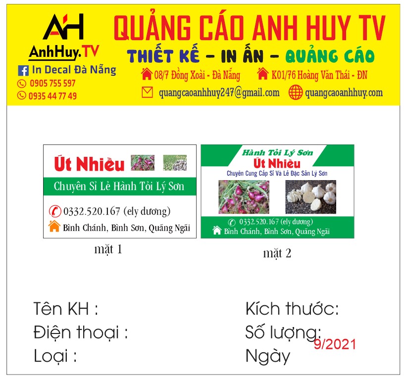 Mẫu name card visit hành tỏi Lý Sơn