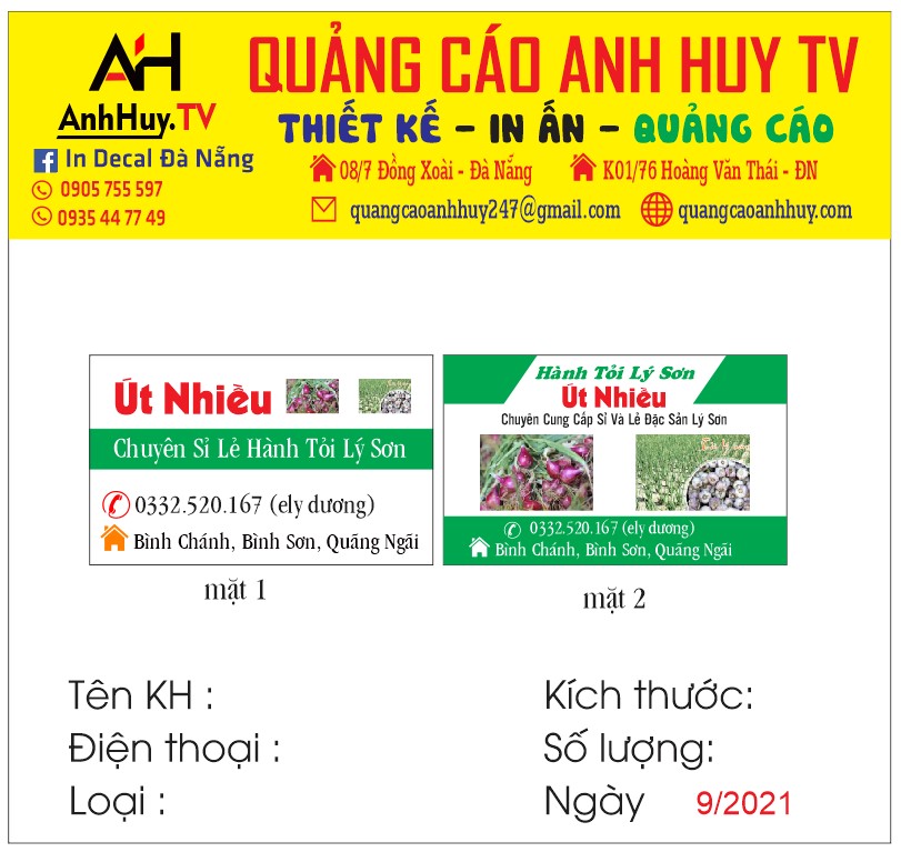 Mẫu name card visit hành tỏi Lý Sơn 
