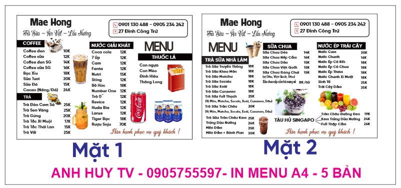 thiết kế menu quán cafe ăn vặt trà sữa quán ăn Tel 0935447749